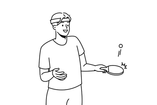 Smiling young man in sportswear playing tennis. Happy male athlete or sportsman with racket engaged in sportive game. Vector illustration.