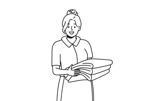 Smiling housekeeper in uniform holding stack of towels. Happy female housemaid or janitor working in hotel. Housekeeping concept. Vector illustration.