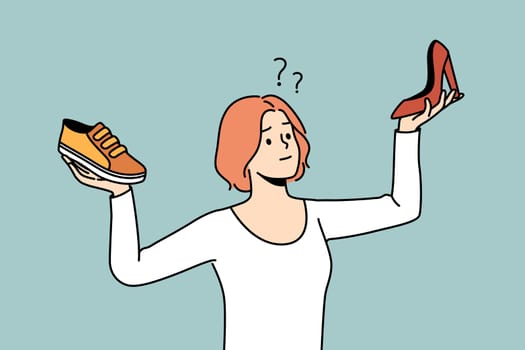 Confused young woman choosing between different shoes types. Frustrated girl make choice between sneakers and heels. Fashion and style. Vector illustration.