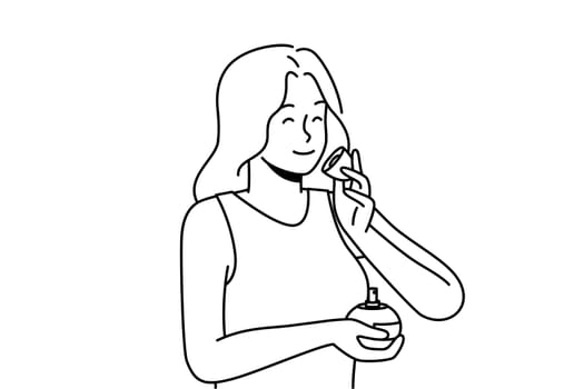 Smiling young woman smelling perfume. Happy girl with bottle enjoy good smell. Aromatherapy and beauty concept. Vector illustration.