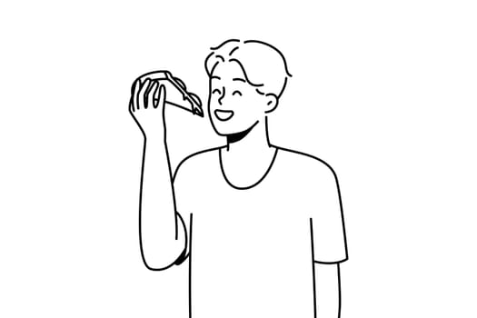 Smiling young man eating slice of pizza. Happy guy enjoy delicious Italian fast food. Cuisine concept. Vector illustration.