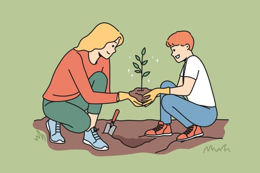 Caring young mother and son planting tree together. Smiling mom and child put seedling in ground care about nature and environment. Vector illustration.