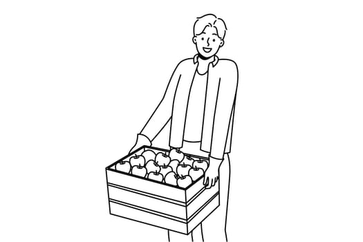 Smiling man with wooden box of apples. Happy guy farmer carry package with fruits. Farming and gardening. Vector illustration.