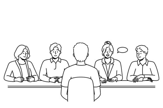 Man talk with recruitment team at interview in office. Male job candidate or applicant at employment talk. Hiring and HR. vector illustration.