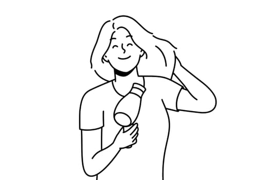 Smiling young woman blow hair with dryer. Happy girl get ready blowing hair with fan device. Beauty and technology. Vector illustration.