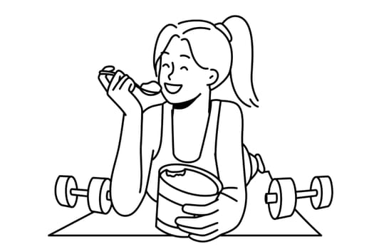 Smiling girl lying on fitness mat eating ice cream. Happy young woman quit sport enjoy dessert from jar. Diet and nutrition. Vector illustration.