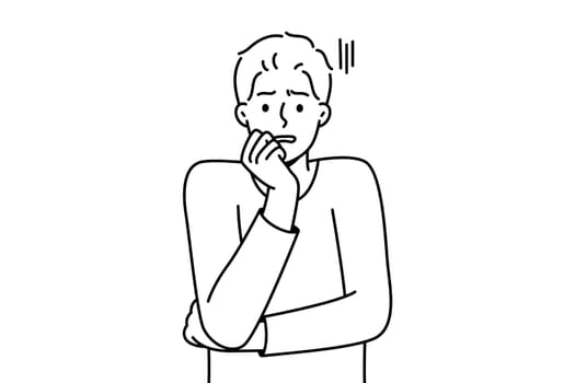 Anxious young man feeling terrified and worried. Unhappy guy feel afraid and astonished. Emotion control and mental problems. Vector illustration.