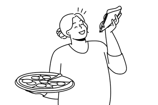 Happy overweight woman with pizza in hands enjoy fast food. Smiling fat female eating Italian food. Body positive. Vector illustration.