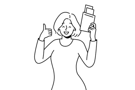 Smiling woman holding passport in hands excited about travel. Happy female traveler ready for summer vacation. Tourism concept. Vector illustration.