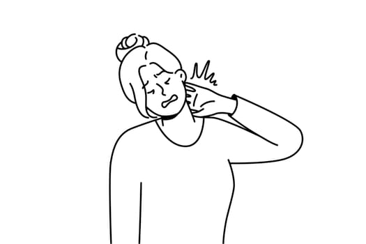 Unhealthy young woman suffer from neck pain after sedentary work. Unwell girl struggle with backache or spasm. Healthcare concept. Vector illustration.