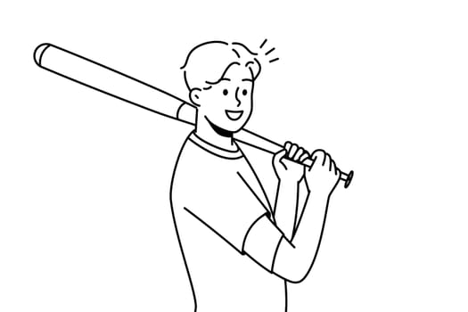 Smiling young male sportsman with baseball bat playing game on field. Happy athlete in uniform. Vector illustration.