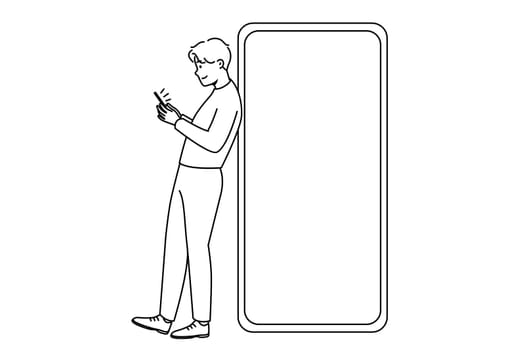 Young man standing near huge smartphone with mockup screen. Guy pose near cellphone with empty blank copy space display. Vector illustration.