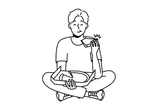 Smiling young man eating delicious pizza. Happy guy enjoy tasty Italian food sitting on floor. Nutrition and takeaway delivery. Vector illustration.