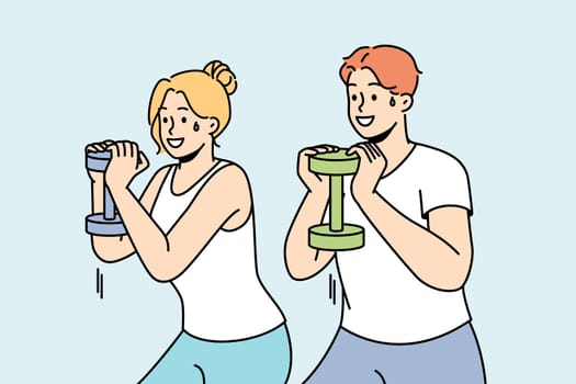 Guy, girl exercising with dumbbell. Young couple training together. Man, woman doing fitness, workout. Athletes work on strength, prepare body for competition. Weight loss practice. Vector outline.