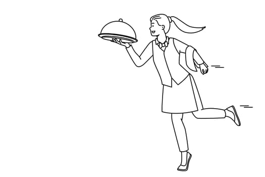 Smiling waitress in uniform bringing dish to client in restaurant. Happy female server with meal working in cafe. Good service concept. Vector illustration.