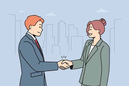 Smiling businesspeople handshake greeting getting acquainted. Happy business partners shake hands close deal or make agreement. Vector illustration.