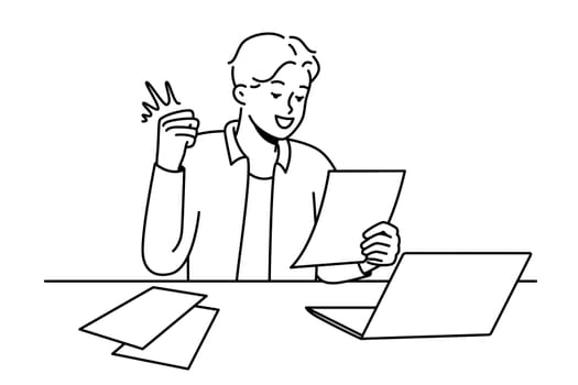 Smiling young man sit at desk work on computer excited with good news in letter. Happy guy celebrate promotion or win notification in paperwork. Vector illustration.