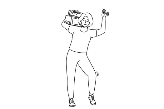 Overjoyed young woman with stereo on shoulder dancing and having fun. Smiling girl enjoy music on boombox device. Vector illustration.