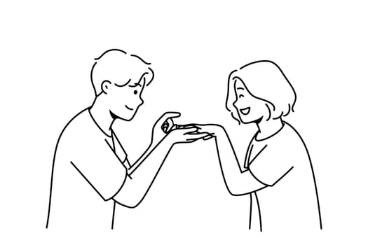 Loving man make proposal to excited woman. Caring happy male put engagement ring on smiling female finger. Marriage and relationship goal. Vector illustration.