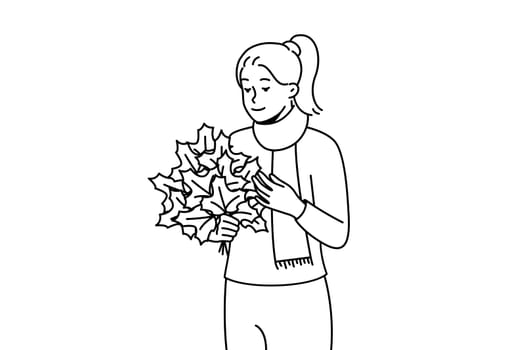 Happy young woman with bouquet of golden leaves in hands. Smiling girl enjoy gold autumn outdoors. Fall season. Vector illustration.