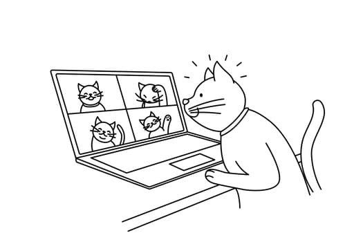 Cute cat talk on video call with cats on computer. Pet have webcam conversation on laptop with kittens. Technology concept. Vector illustration.