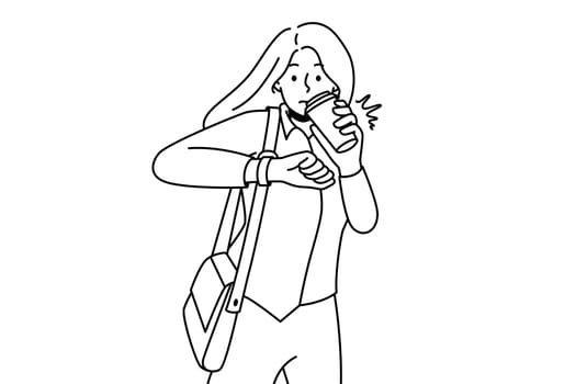 Young woman drink coffee from takeaway cup look at wristwatch worried to miss deadline. Girl student enjoy coffee check time on clock. Vector illustration.