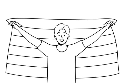 Smiling young man with LGBTq flag show support on pride parade. Happy guy express freedom of love. Homosexuality concept. Vector illustration.
