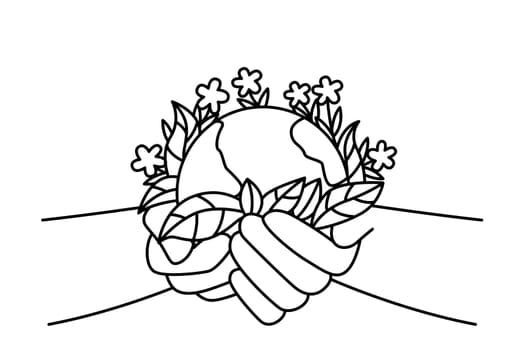 Person hands holding planet earth with blooming flowers. Activist or volunteer take care of environment. Nature protection concept. Vector illustration.