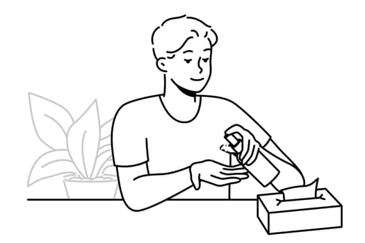 Young man use antiseptic liquid cleaning hands. Guy sanitize hands with sanitizer in bottle. Healthcare concept. Vector illustration.