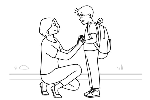 Smiling mother seeing small teen son with backpack to school. Happy caring mom get off excited boy child to kindergarten. Vector illustration.