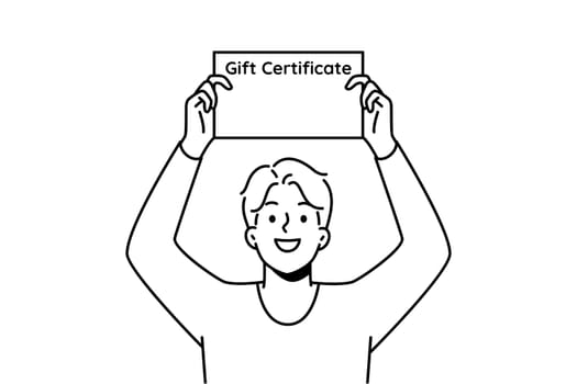 Smiling young man holding gift certificate in hands. Happy guy with paperwork document for present. Vector illustration.