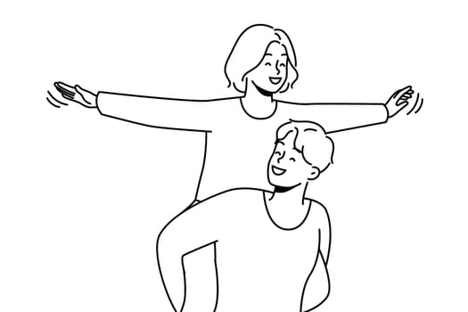 Happy young woman piggyback smiling man have fun together. Loving guy carrying on shoulders excited girl. Love and relationships. Vector illustration.