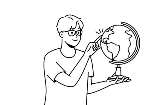 Smiling guy in glasses spin glove with finger. Smart boy child in spectacles show country on sphere. Education concept. Vector illustration.