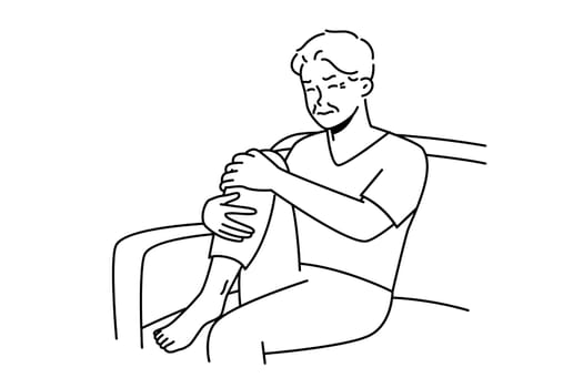 Unhealthy old man sit on couch suffer from knee pain. Unwell sick elderly grandfather struggle with rheumatism. Vector illustration.