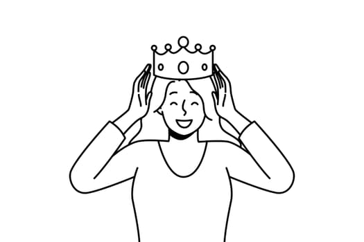 Smiling young woman with crown on head celebrate success. Happy confident female crowned for good results or achievements. Vector illustration.