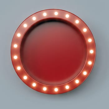 Red retro billboard in round shape with glowing neon lights -- 3D Rendering