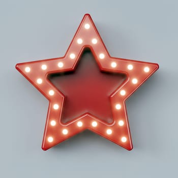 Red retro billboard in the shape of a star with glowing neon lights -- 3D Rendering