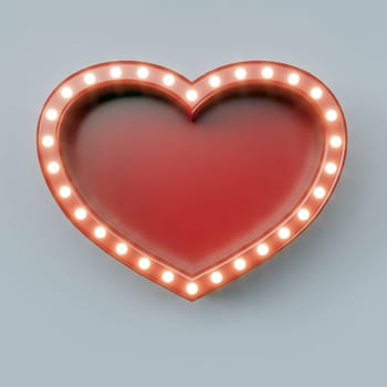 Red retro billboard in the shape of a heart with glowing neon lights -- 3D Rendering