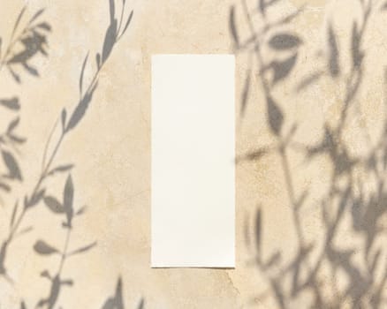 Blank paper card on a concrete table decorated with olive branches with fruits top view, mockup. Sunny summer mediterranean scene with wedding menu card. Flat lay with place for text