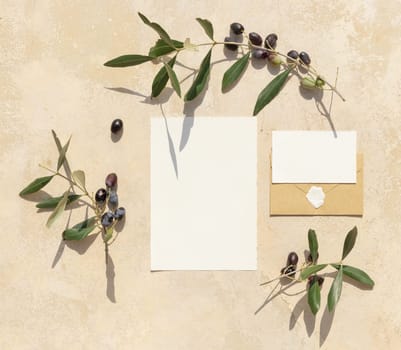 Blank paper cards on a concrete table decorated with olive branches with fruits top view, mockup. Sunny summer mediterranean scene with wedding stationery set. Flat lay with place for text