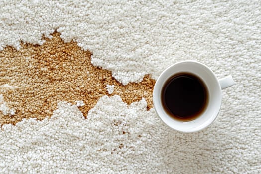 Coffee spilled on white carpet. Top view of a cup of coffee on a white carpet and a large dirty coffee stain nearby.