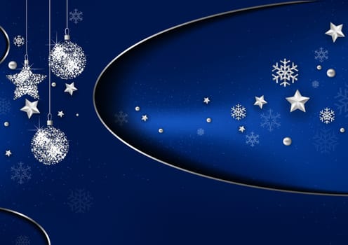 Blue Abstract Christmas Background with Silver Decorations and Snowflakes with Three-dimensional Shadow Effect - Colored Illustration