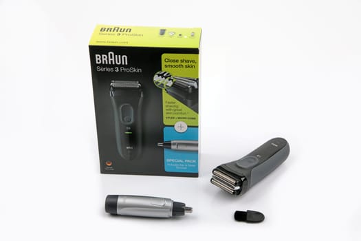 WETZLAR, GERMANY - 2022-10-12 - Electric shaver and nose trimmer from Braun, smartControl pro skin serie s3, shot in studio.