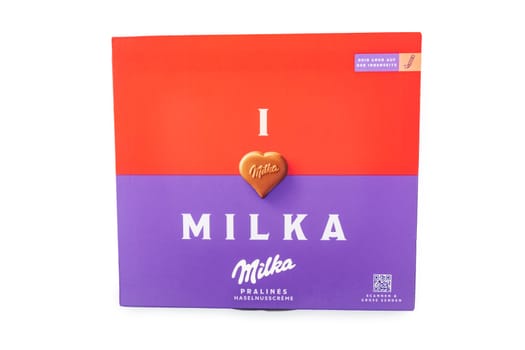 WETZLAR, GERMANY - 2022-11-15 : Box of MILKA Chocolate. These heart-shaped pralines I Love Milka chocolates are made from Alpine milk chocolate.