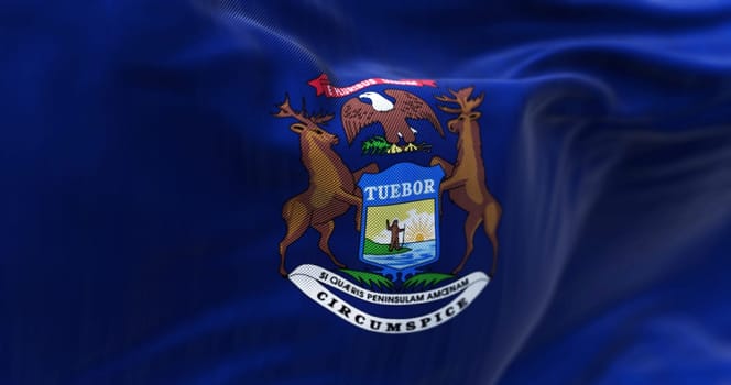 Close up view of the Michigan state flag waving. Michigan Michigan is a federated state of the United States of America. Fabric textured background. Selective focus. 3D illustration