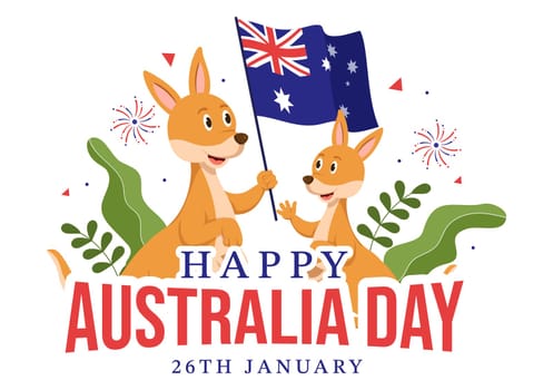 Happy Australia Day Observed Every Year on January 26th with Flags and Kangaroos in Flat Cartoon Hand Drawn Template Illustration