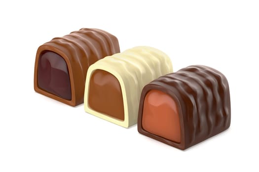 White, dark and milk chocolate bonbons with caramel, cherry and chocolate cream inside