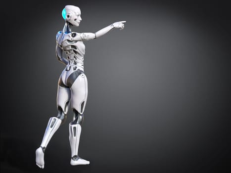 3D rendering of an android robot woman posing with her back against the camera and holding her arm out and pointing. Greyish background.