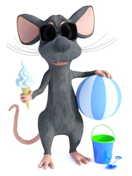 3D rendering of a cool smiling cartoon mouse wearing sunglasses and eating ice cream while holding a blue striped beach ball. A children's bucket and spade is on the floor. White background.