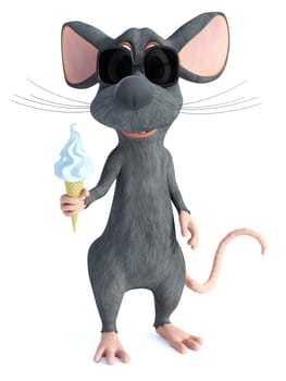3D rendering of a cool smiling cartoon mouse wearing sunglasses and eating ice cream. White background.
